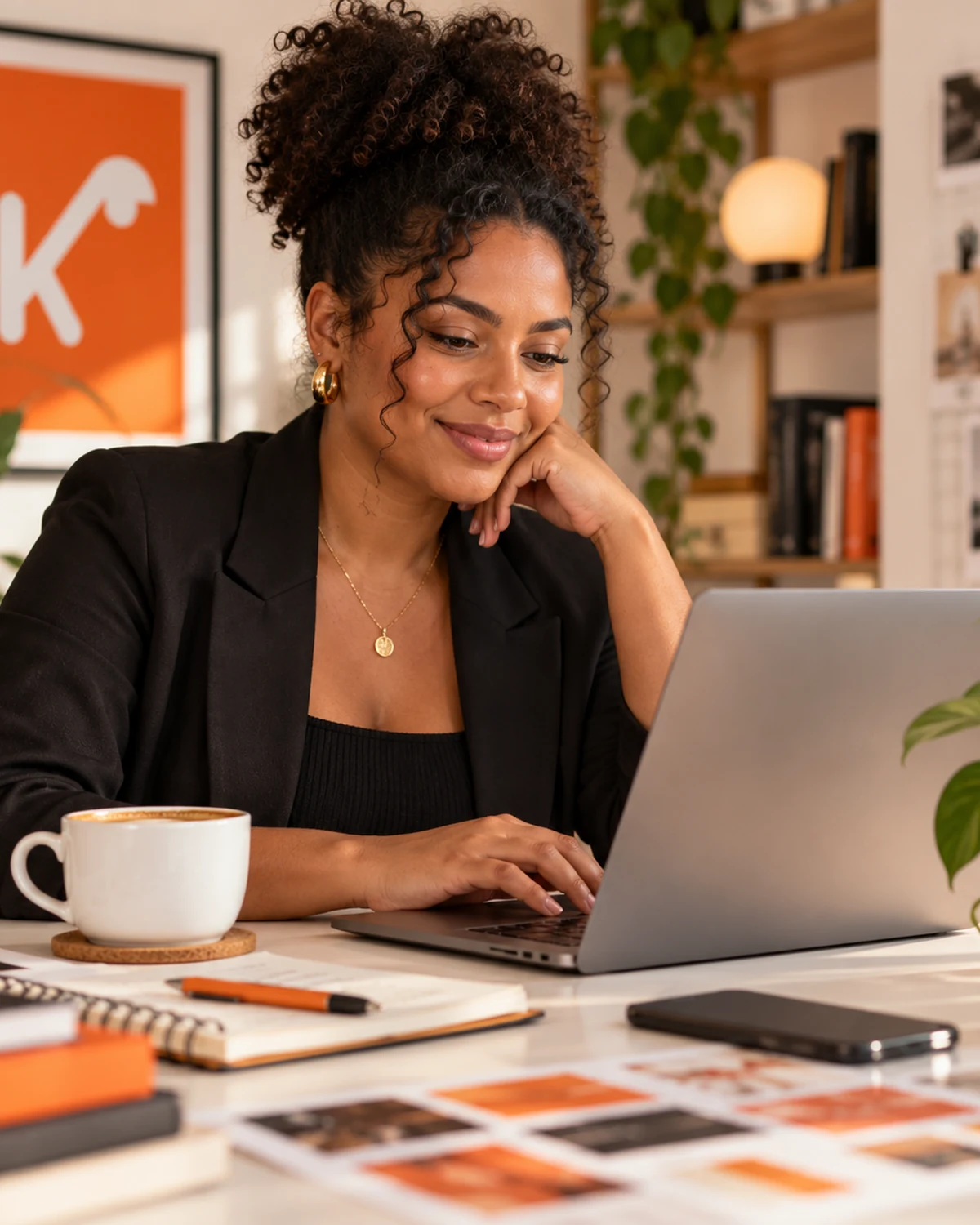 Profissional negra trabalha em um ambiente criativo com notebook, materiais editoriais e elementos da paleta da Akili.