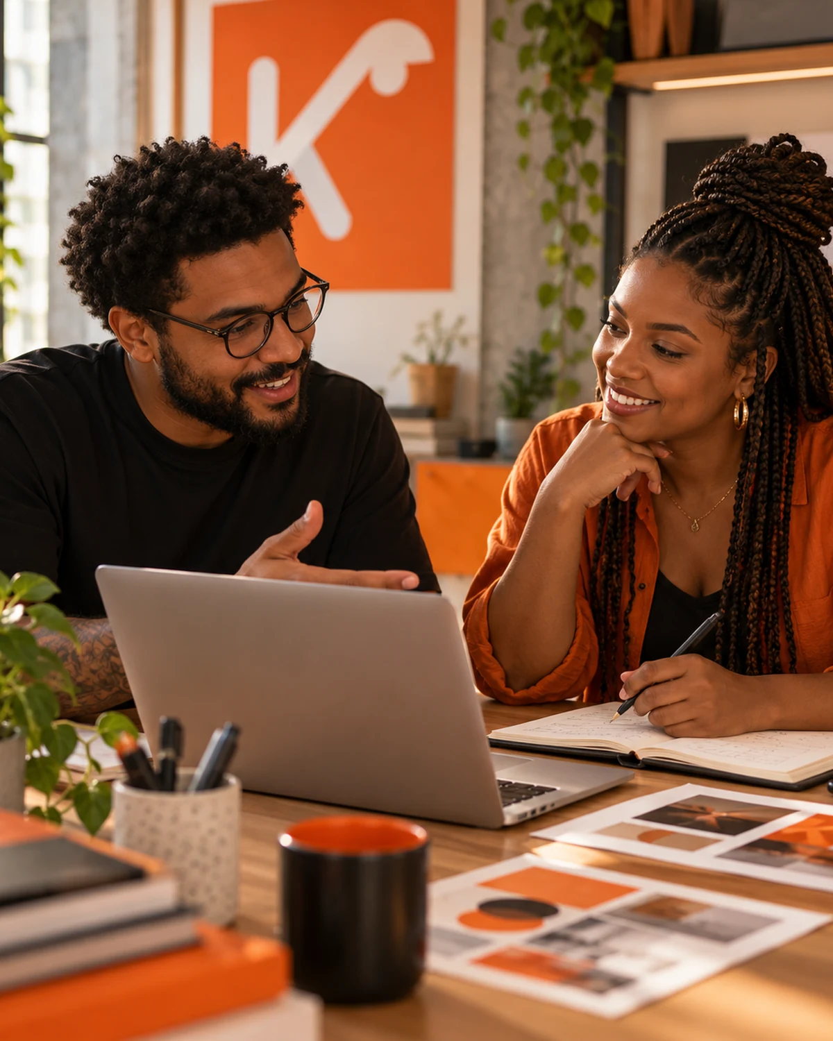 Dois profissionais negros conversam e trabalham juntos em um projeto de comunicação e design.