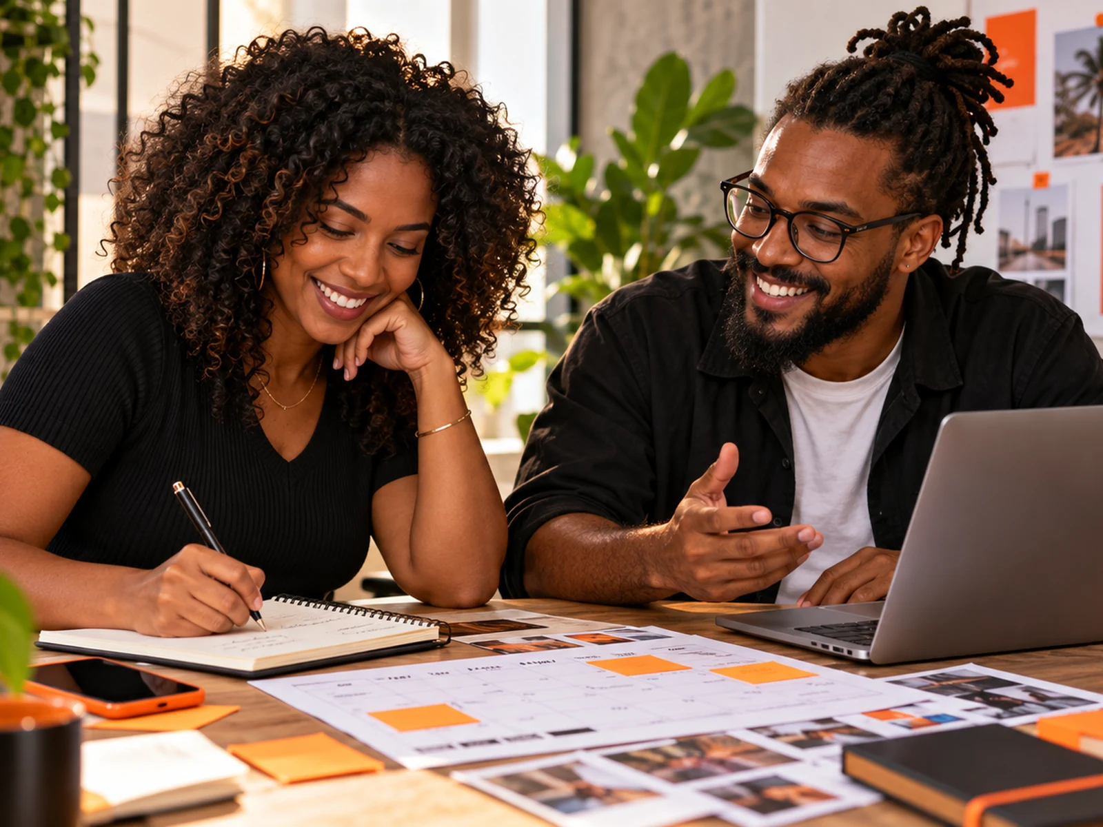 Dois profissionais negros colaboram em um projeto de estratégia, design e presença digital em um estúdio criativo.