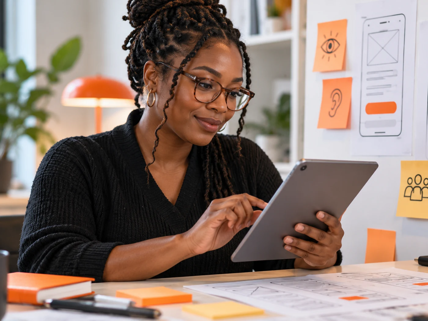 Designer negra revisa uma interface digital e critérios de acessibilidade em um ambiente de trabalho.