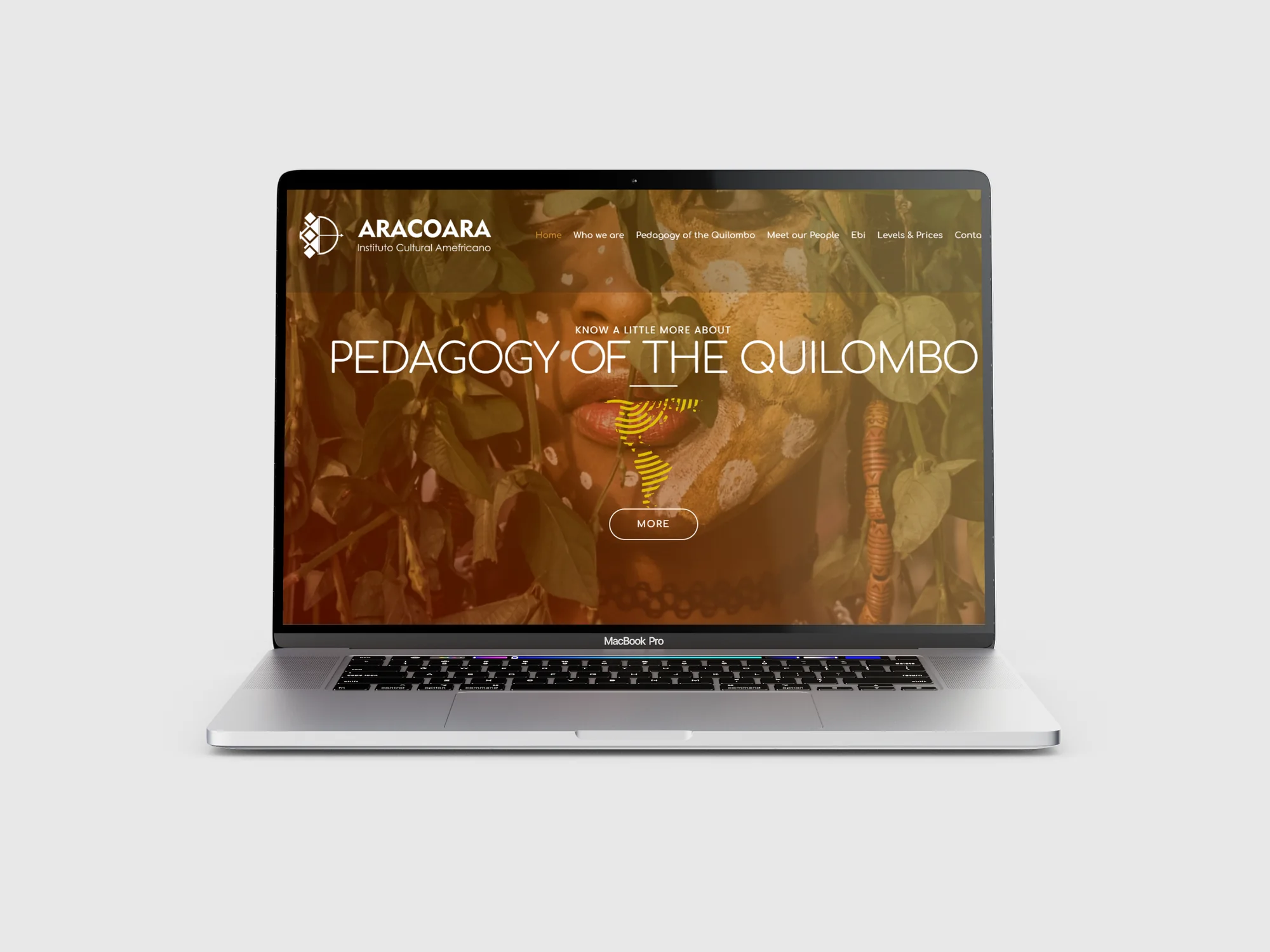 Mockup do website ARACOARA apresentando a seção Pedagogy of the Quilombo.