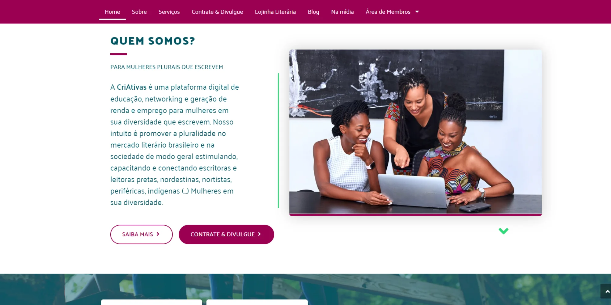 Tela histórica da Plataforma CriAtivas com apresentação institucional.